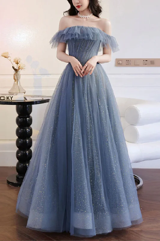 A-Line Gray Blue Off The Shoulder Long Prom Dress Tulle Evening Dress c2516