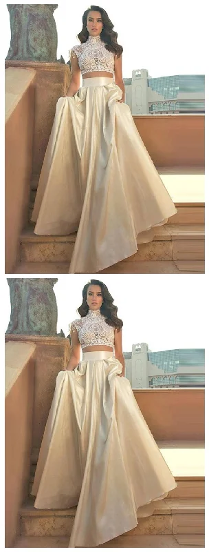 Modest Champagne High Neck Cap Sleeves Two Pieces Prom Dress lace Top    cg9297