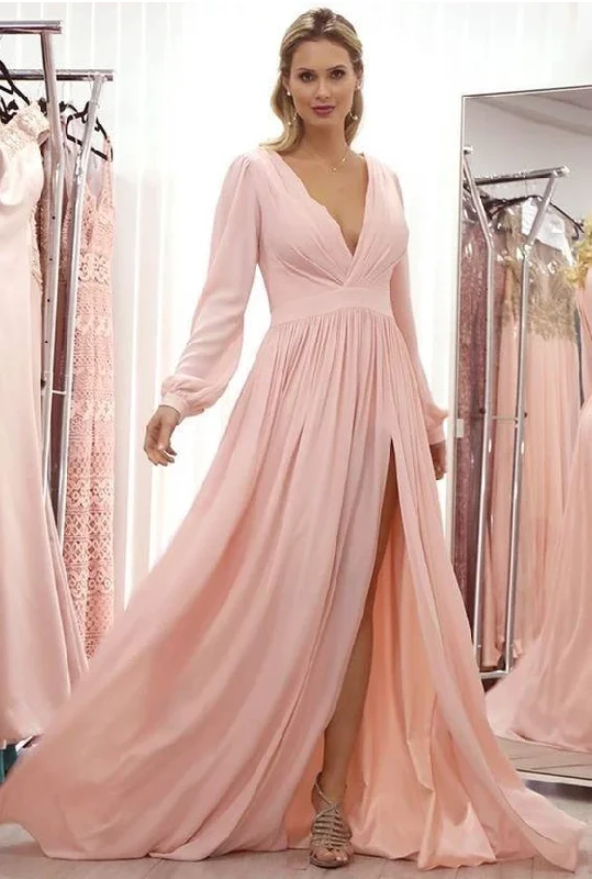 Long Sleeves Pink Chiffon Party prom Dress   cg9660