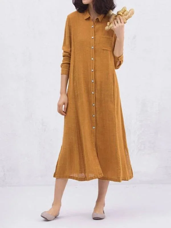 Women yellow cotton clothes lapel Button loose spring Dresses