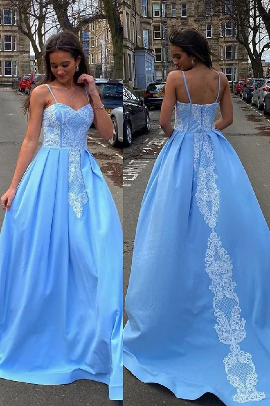 BLUE SWEETHEART NECK SATIN LACE LONG PROM DRESS BLUE FORMAL DRESS   cg9325