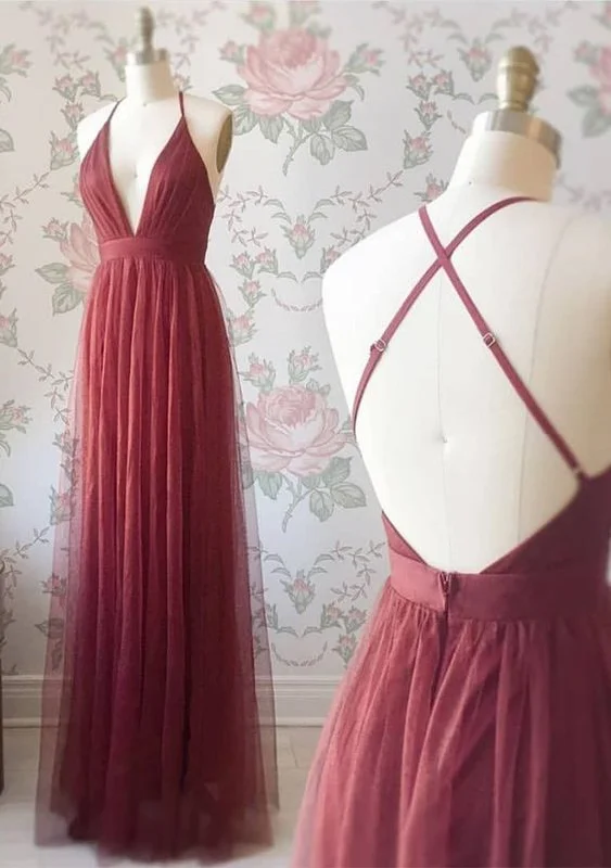 Simply Sexy Deep V Neck Burgundy Long Party prom Dress   cg9669