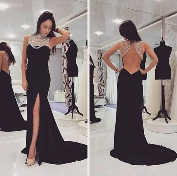Black Open Back Mermaid Split Beaded Long Prom Dresses   cg9264