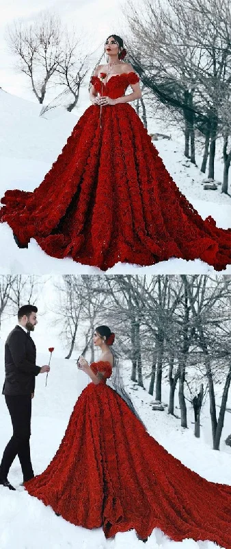 Off-the-Shoulder 3D Floral Printed Ball Gown for Girl Evening Dresses C2155