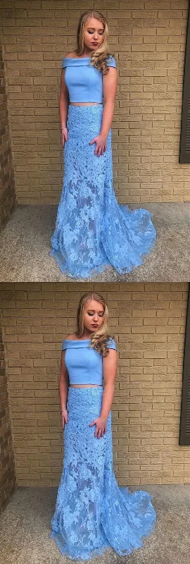 Off Shoulder Two Pieces Mermaid Lace Light Blue Long Prom Dresses with Train, Light Blue Lace Formal Dresses, Evening Dresses cg9278 Off Shoulder Two Pieces Mermaid Lace Light Blue Long Prom Dresses with Train, Light Blue Lace Formal Dresses, Evening Dresses cg9278