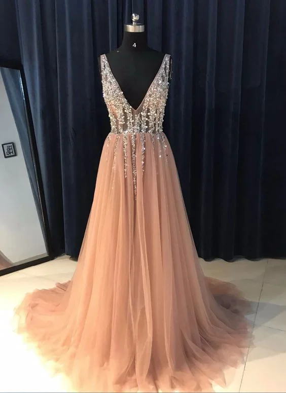 Champagne tulle V neck long sequins open back evening dress, senior prom dress   cg9517