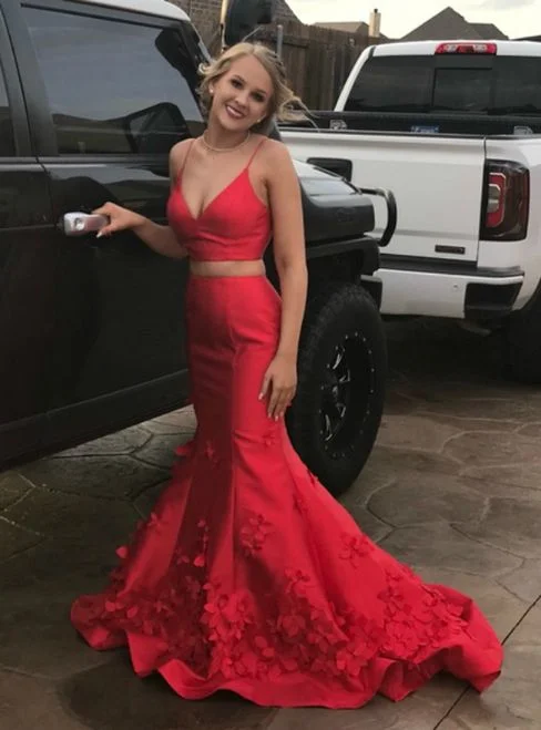 Red Mermaid Two Piece Satin Spaghetti Straps 3D Flower Prom Dress   cg10094