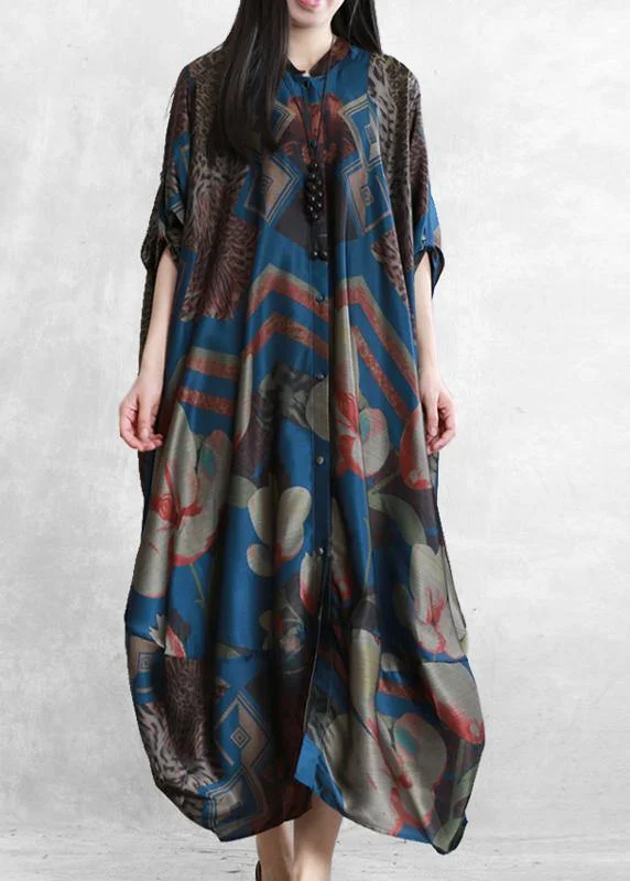 Bohemian stand collar asymmetric clothes For Women Fashion Ideas dark blue print Dress Bohemian stand collar asymmetric clothes For Women Fashion Ideas dark blue print Dress