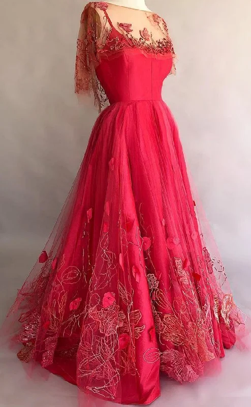 Red Applique Long Evening Dresses With Half Sleeve Prom Dress  cg10006