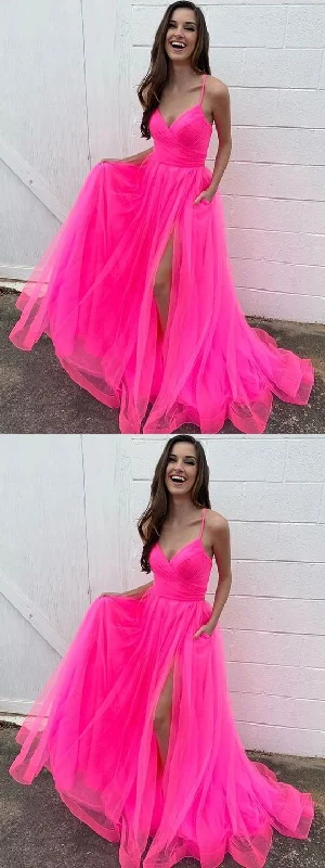 Stylish A Line V Neck Hot Pink Long Prom Dresses with High Slit, V Neck Hot Pink Formal Dresses, Hot Pink Evening Dresses C2306 Stylish A Line V Neck Hot Pink Long Prom Dresses with High Slit, V Neck Hot Pink Formal Dresses, Hot Pink Evening Dresses C2306