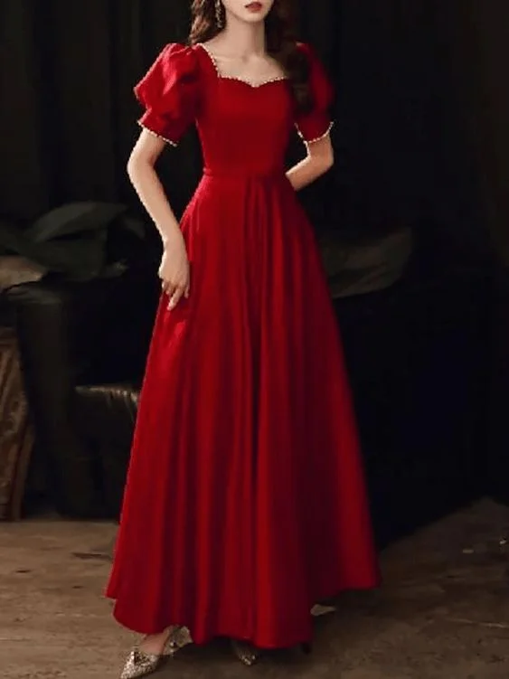 A-Line Elegant Vintage Engagement Formal Evening Dress Scoop Neck Short Sleeve Floor Length Satin with Pleats Pearls C2019