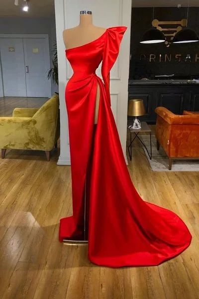 Bubble Sleeve One-shoulder Red High-split Long Evening Dress c2468
