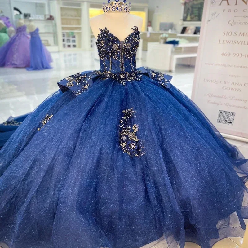 Exquisite Navy Gown Quinceanera Dresses Appliques Flower Beaded Off Shouler vestidos de fiesta Women Simple Formal Party vestido Exquisite Navy Gown Quinceanera Dresses Appliques Flower Beaded Off Shouler vestidos de fiesta Women Simple Formal Party vestido