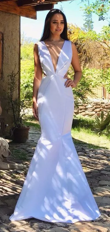 Yellow Satin V-neck V-back Mermaid Sleeveless Prom Dresses    cg9539