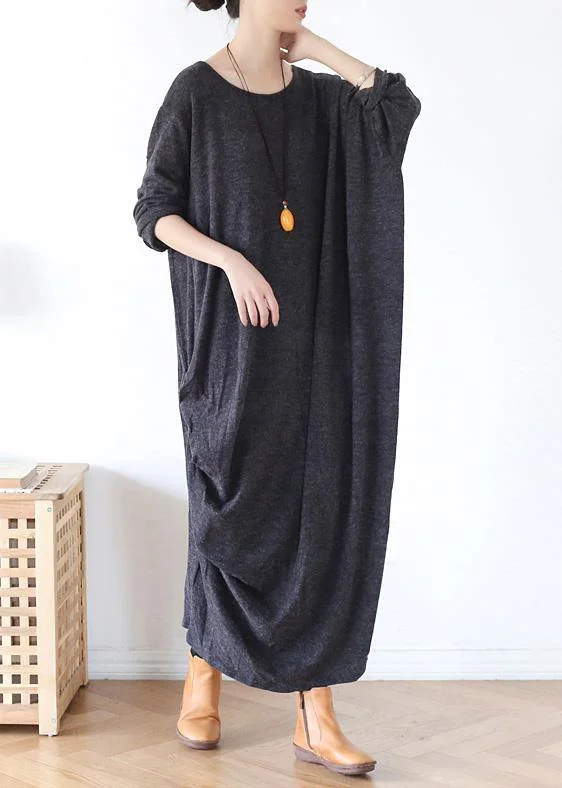 Classy gray cotton tunic dress o neck asymmetric long spring Dress