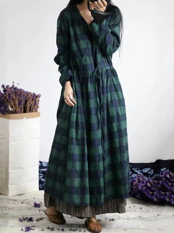 French green plaid cotton dresses v neck drawstring Traveling spring Dresses