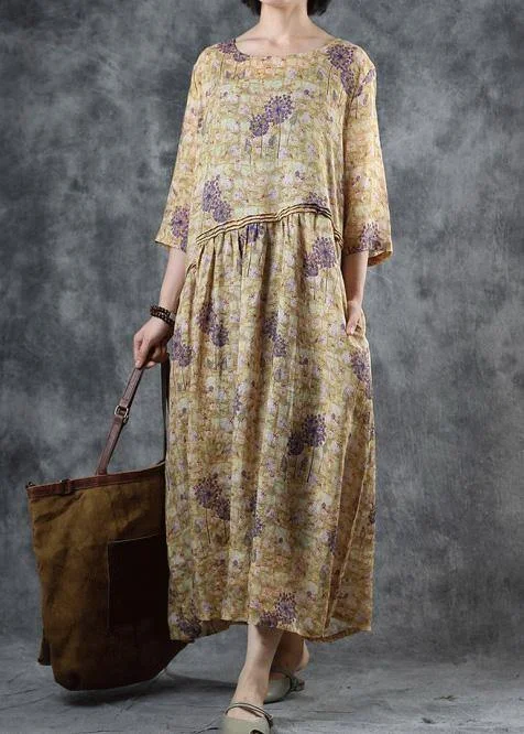 Loose o neck half sleeve linen clothes Runway yellow Dresses