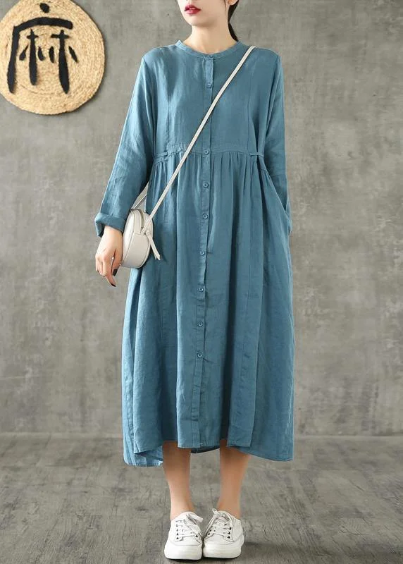 Unique blue linen clothes For Women Cinched pockets Plus Size spring Dresses