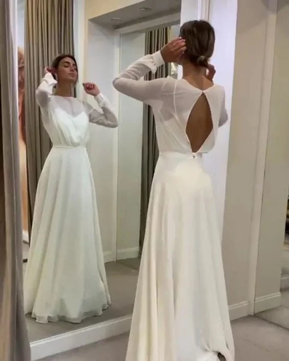 Bohemian Simple Long Sleeves Prom Dress A Line Open Back Modest    cg9862