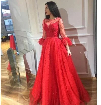 Chic Red Beaded Prom Dresses Long Sleeves Sheer Bateau Neck Evening Gowns Floor Length cg10019 Chic Red Beaded Prom Dresses Long Sleeves Sheer Bateau Neck Evening Gowns Floor Length cg10019