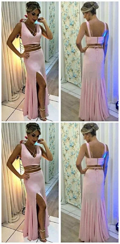 Beautiful Simple Pink Two Piece V Neck Slit prom dress   cg10079