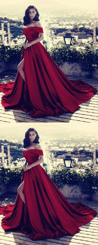 V-neck Off The Shoulder Long Satin Prom Dress Split Evening Gowns   cg10030