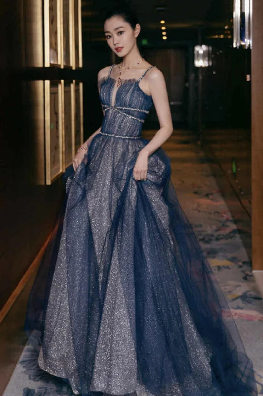 Shiny tulle long A line prom dress blue evening dress C2379