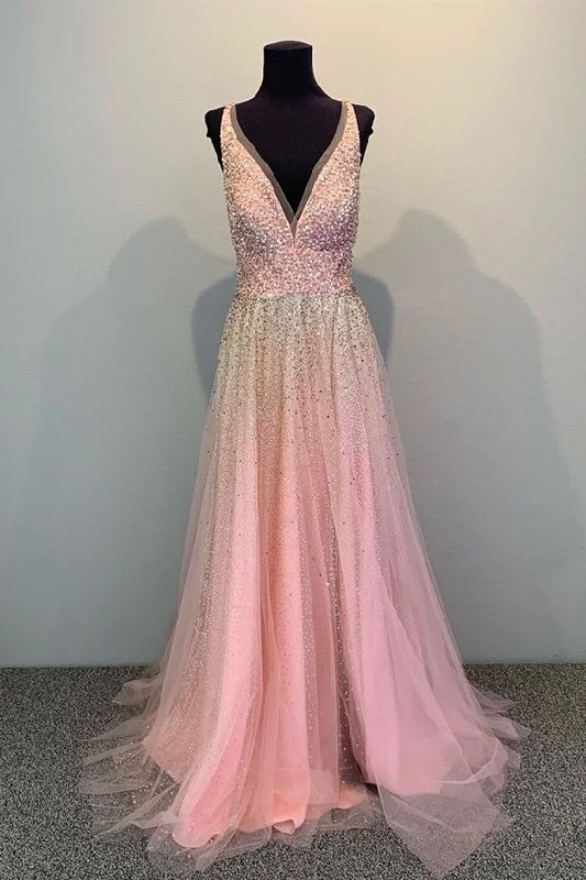 shiny pink A-line tulle long formal dress prom dress with sparkles  cg9725