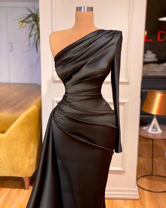 Black Prom Dress One Sleeve Floor Length evening dress C2193