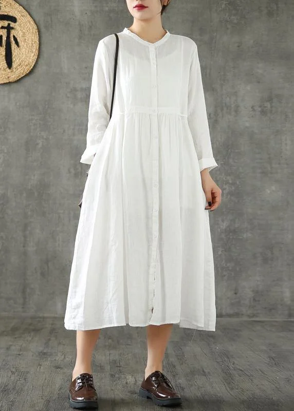 Style white linen clothes For Women Cinched pockets loose spring Dresses