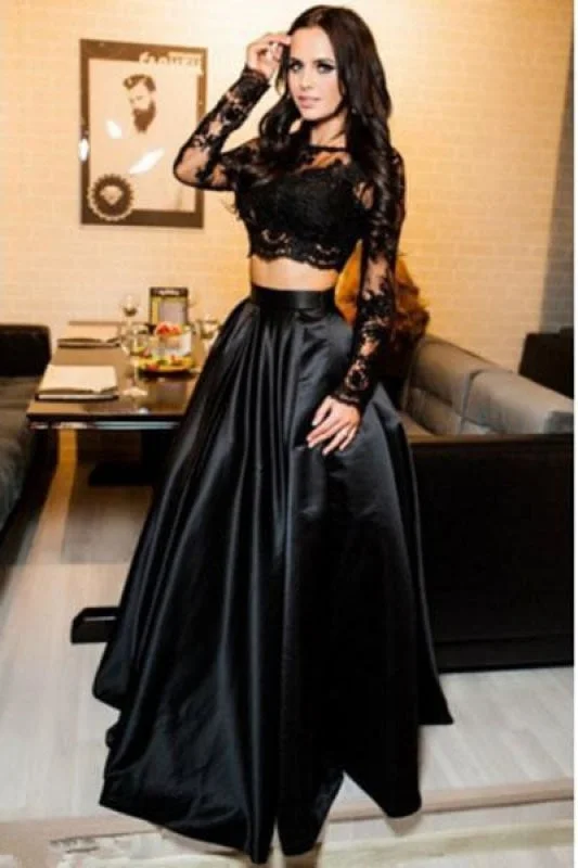 A-line Black Two Piece Long Sleeve Floor Length Satin Evening Dress with Lace Tunics Brand named