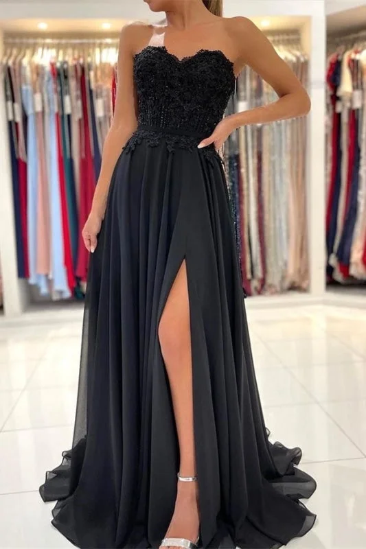 A-line Lace Front-Split Black Prom Dress Off-the-shoulder Evening Dress Glittery Long Formal