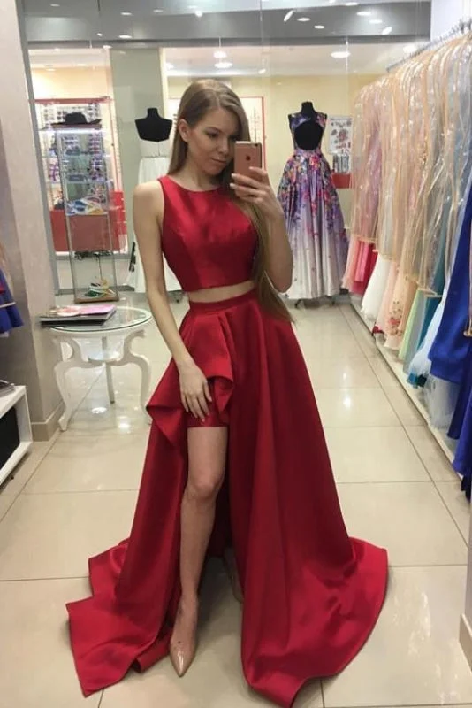 A-line Red Sleeveless Two Piece Long Satin Prom Evening Dress For Teens Tunics Custom made