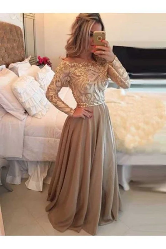 A-Line Sheer Neckline Prom Dresses Floor Length Long Sleeves Evening Dress Lace Sexy Club