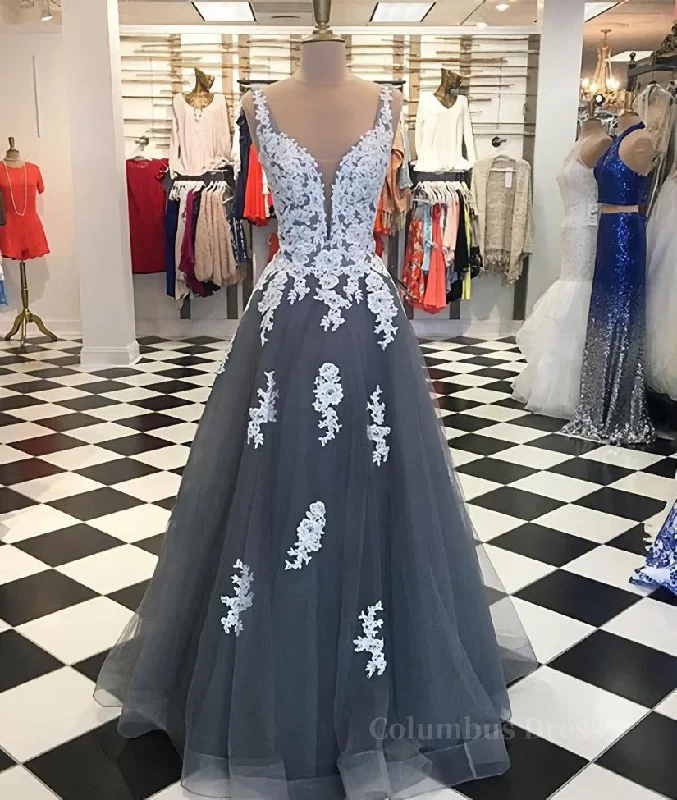 A Line Spaghetti Straps Lace Grey Tulle Long Prom Dress, Grey Formal Bridesmaid Dress, Evening Dress Tunics Cozy comfortable