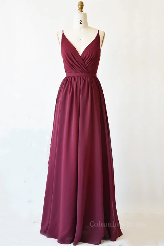 A Line V Neck Burgundy Long Prom Dress with Lace Back, V Neck Burgundy Formal Evening Dress, Burgundy Bridesmaid Dress Tunics Versatile functional