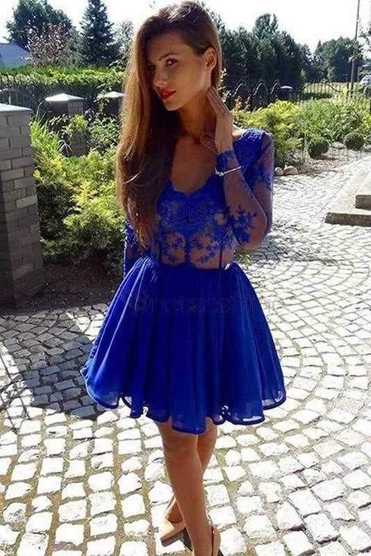 A-Line V-Neck Long Sleeves Chiffon Lace Homecoming Royal Blue Party Dress Tunics Essential wardrobe