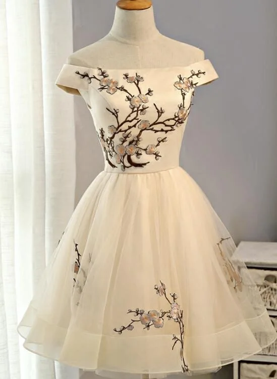 Beautiful Tulle Light Champagne Short Homecoming Dress, Off Shoulder Party Dress, Prom Dress Tunics Cozy comfortable Beautiful Tulle Light Champagne Short Homecoming Dress, Off Shoulder Party Dress, Prom Dress Tunics Cozy comfortable