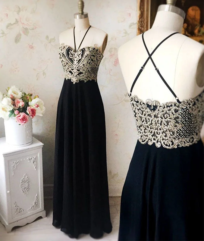 Black chiffon lace long prom dress, black evening dress Tunics Fall fleece