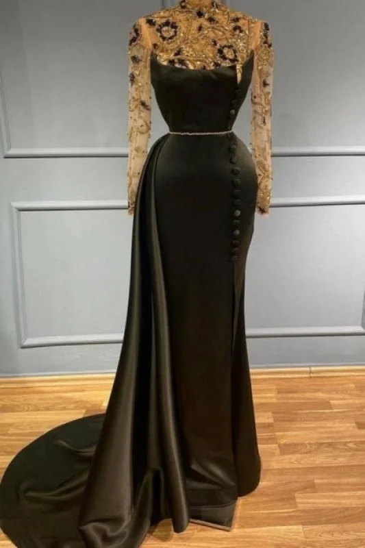 Black evening dress with sleeves Floor-Length Sparkly Prom dresses Tunics Silk luxurious