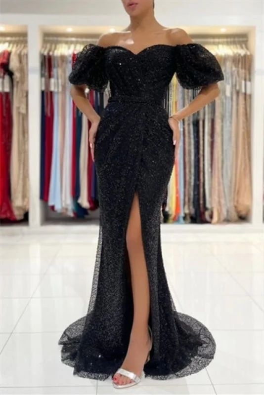 Black Glitter Evening Dresses Prom dresses with sleeves Tunics Mesh breathable