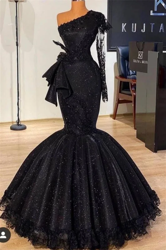 Black Glitter Mermaid Prom Dress Long Sleeves Floral Lace Party Dress Crew Neckline Sporty