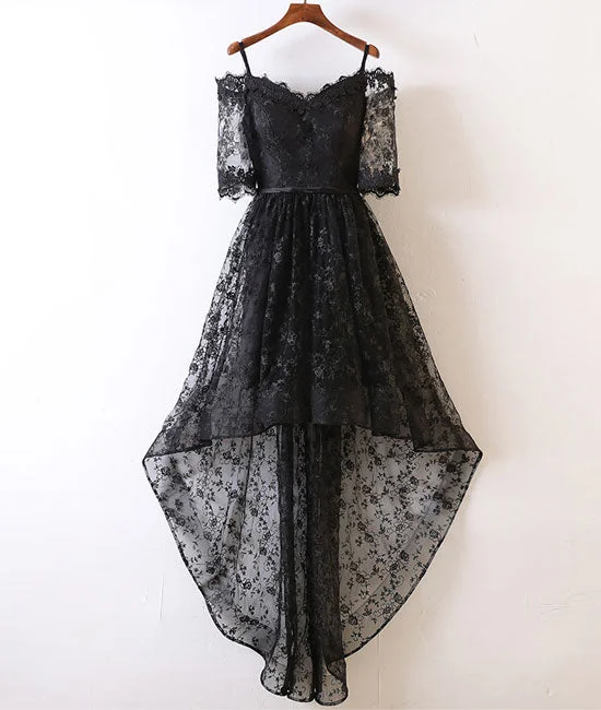 Black lace high low prom dress, black lace evening dress Tunics Stylish modern