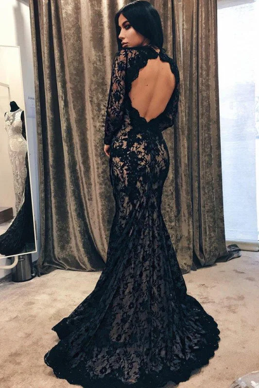 Black Mermaid Jewel Sleeve Lace Open Back Evening Dress Long Prom Dress Tunics Vintage classic