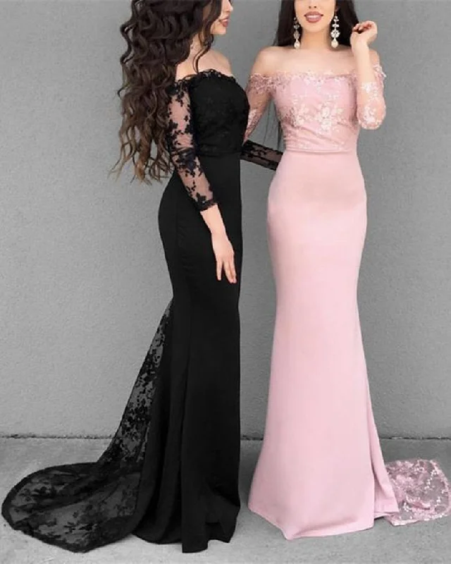 Black/Pink Mermaid Long Sleeves Lace Prom Dresses, Lace Mermaid Bridesmaid Dresses, Formal Evening Dresses Sequined Elegant Party Black/Pink Mermaid Long Sleeves Lace Prom Dresses, Lace Mermaid Bridesmaid Dresses, Formal Evening Dresses Sequined Elegant Party