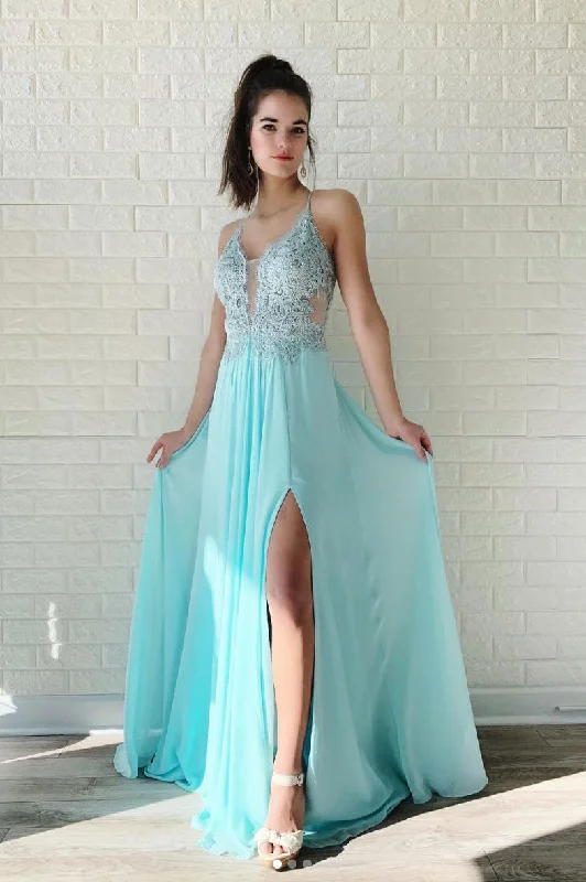 Blue lace chiffon long prom dress, lace evening dress Tunics Designer luxury