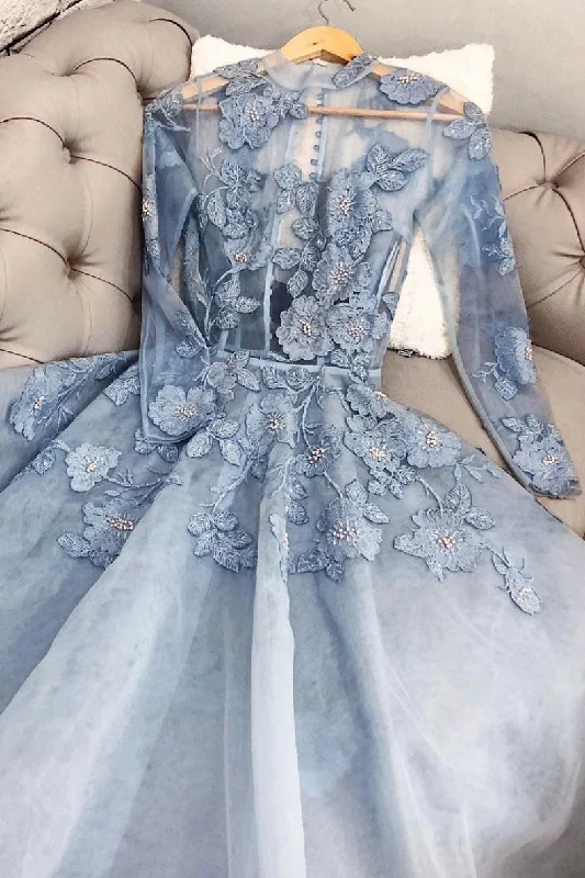 Blue lace tulle long prom dress, blue lace evening dress Tunics Plaid country