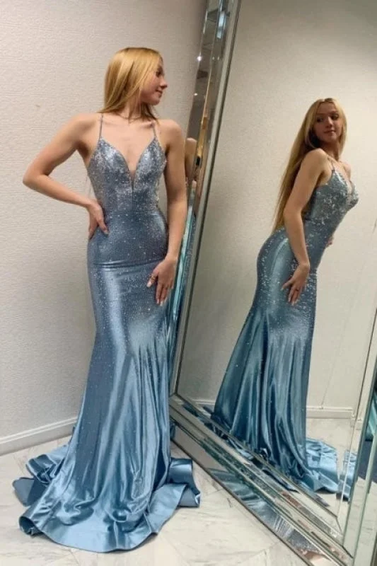 Blue Long Mermaid Evening Dresses with Glitter Criss-cross Straps Prom Dresses empire Waist empire