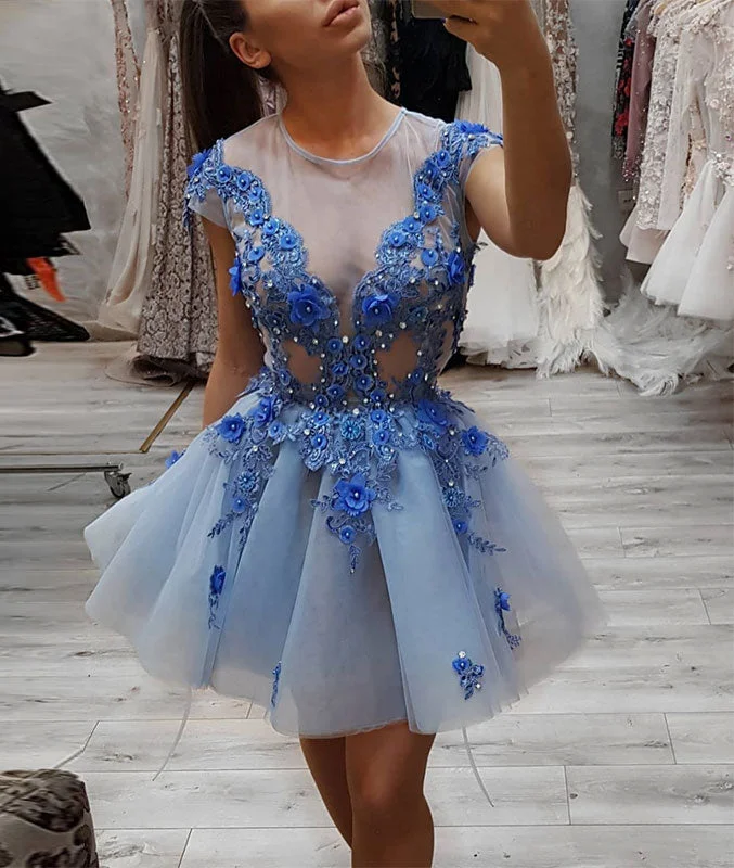 Blue round neck lace short prom dress, blue tulle evening dress Tunics Fashionable trendy