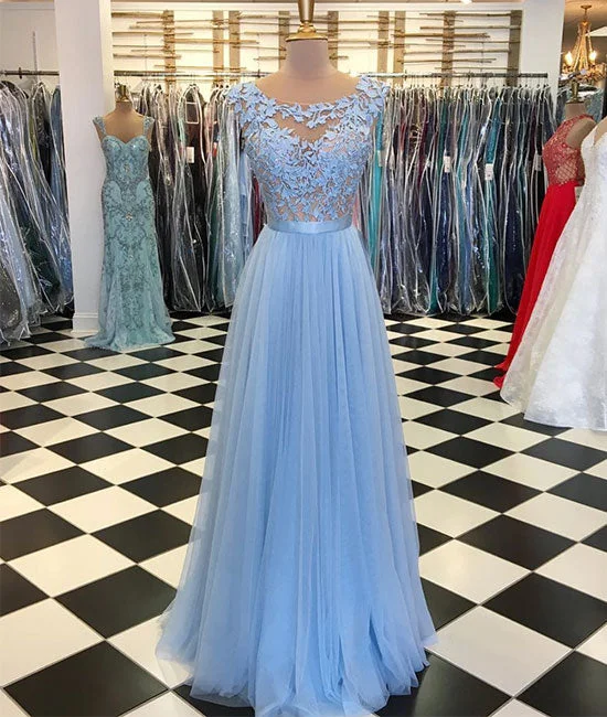 Blue round neck tulle lace applique long prom dress, blue evening dress Tunics Evening elegant